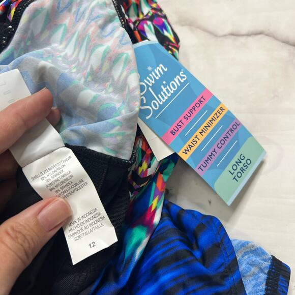 Swim Solutions Striped One Piece Swimsuit Strappy Back Size 12 Blue Slimming New - Picture 6 of 6